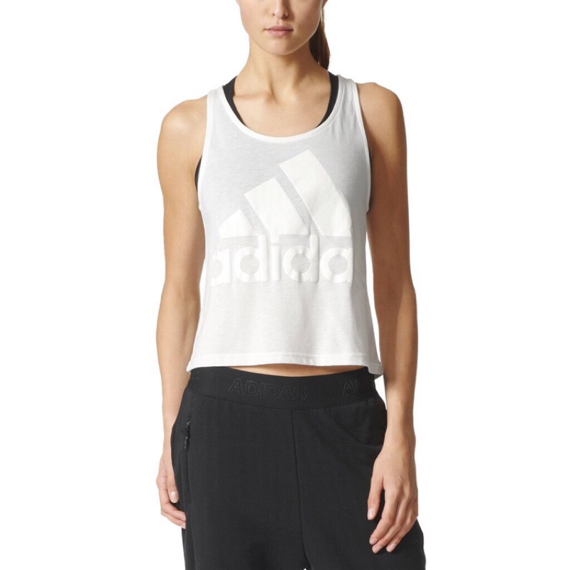 Adidas IMAGE TANK 女 白 logo 短版運動背心 許瑋甯穿搭