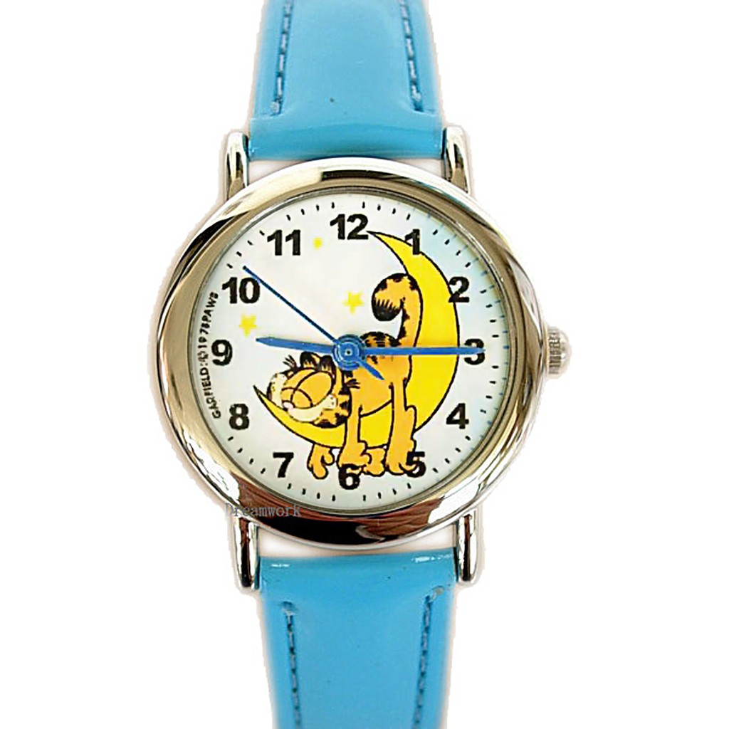 卡漫城 - 加菲貓 手錶 睡個好覺 皮革 藍 ~ Garfield 造型 卡通錶 女錶 中性錶 月亮