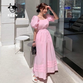 ♞牛奶少女[小眾設計]韓國chic法式方領泡泡袖收腰顯瘦洋裝洋裝女夏季赫本風高腰白色裙子