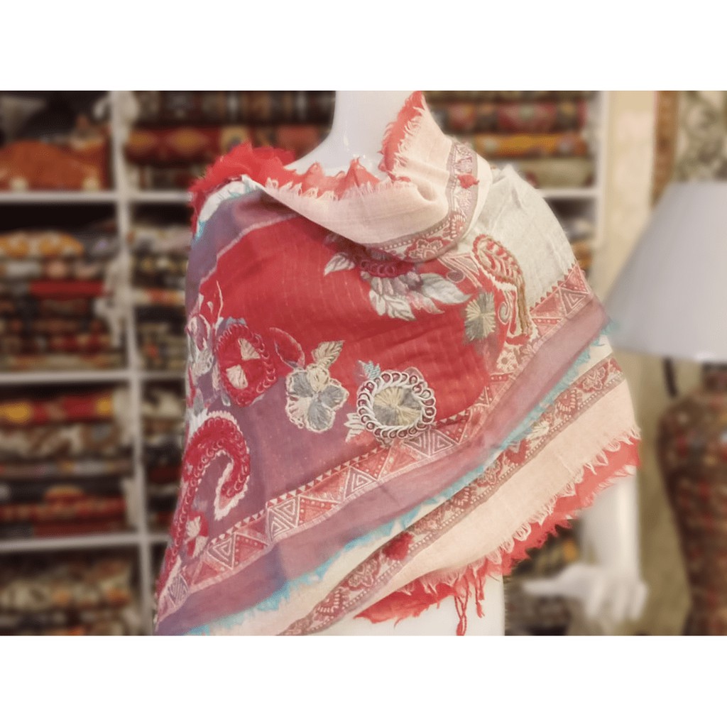印度喀什米爾 100%三層厚織水煮羊毛 百搭桃紅粉嫩色系 純手工刺繡圍巾披肩 Cashmere Pashmina