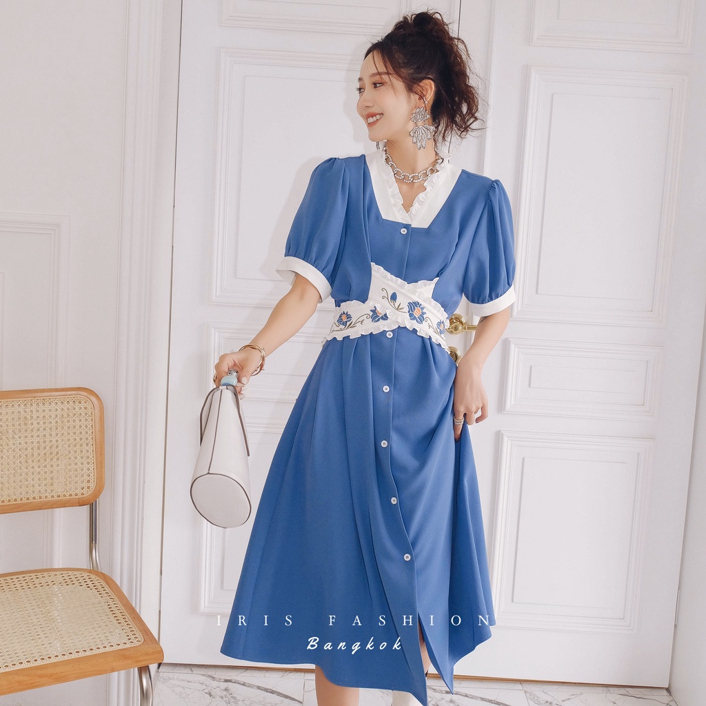 IRIS BOUTIQUE ID089 Blue Dearie 泰國原創設計帶刺的玫瑰女士短袖藍色洋裝夏天升級內襯