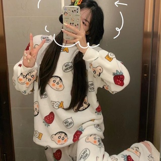 🔥24hr出貨🔥法蘭絨小新睡衣 居家服 蠟筆小新加厚睡衣套裝 女生長袖加厚加絨睡衣 套裝加厚睡衣