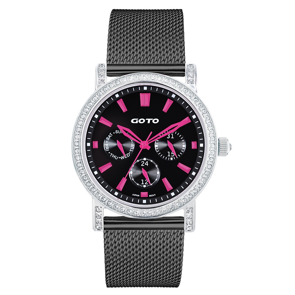 GOTO 溫柔氣息晶鑽時尚米蘭手錶-黑x桃