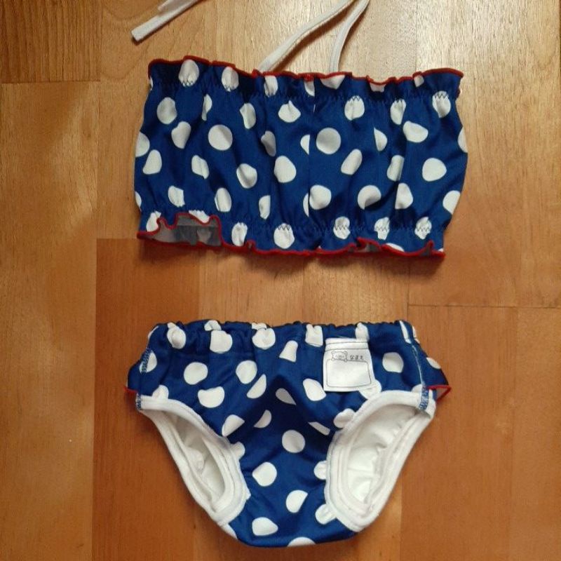 【二手】日本製深藍色圓點荷葉邊幼兒泳衣