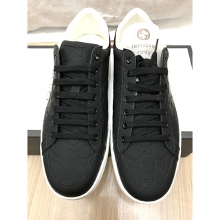 GUCCI 真皮 黑色 經典LOGO壓紋 綁帶休閒鞋 男款 歐碼10