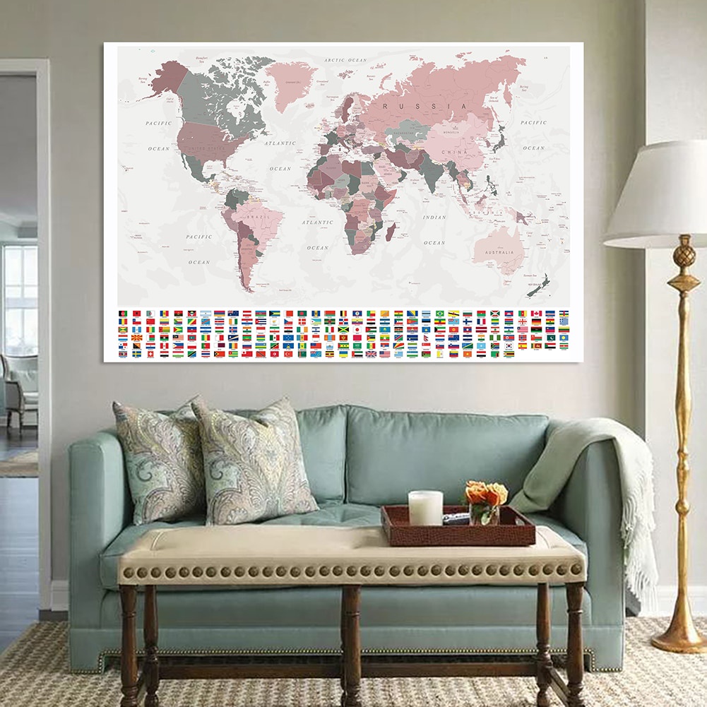 &amp;IN Stock&amp; 帶國旗的世界地圖復古地圖帆布繪畫牆藝術海報學校用品