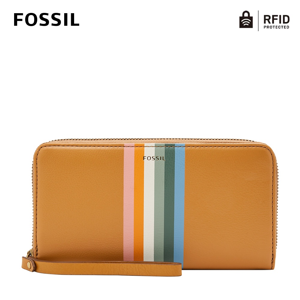 【FOSSIL】Jori 真皮手環帶拉鍊式RFID防盜長夾-棕色x條紋 SWL2733231