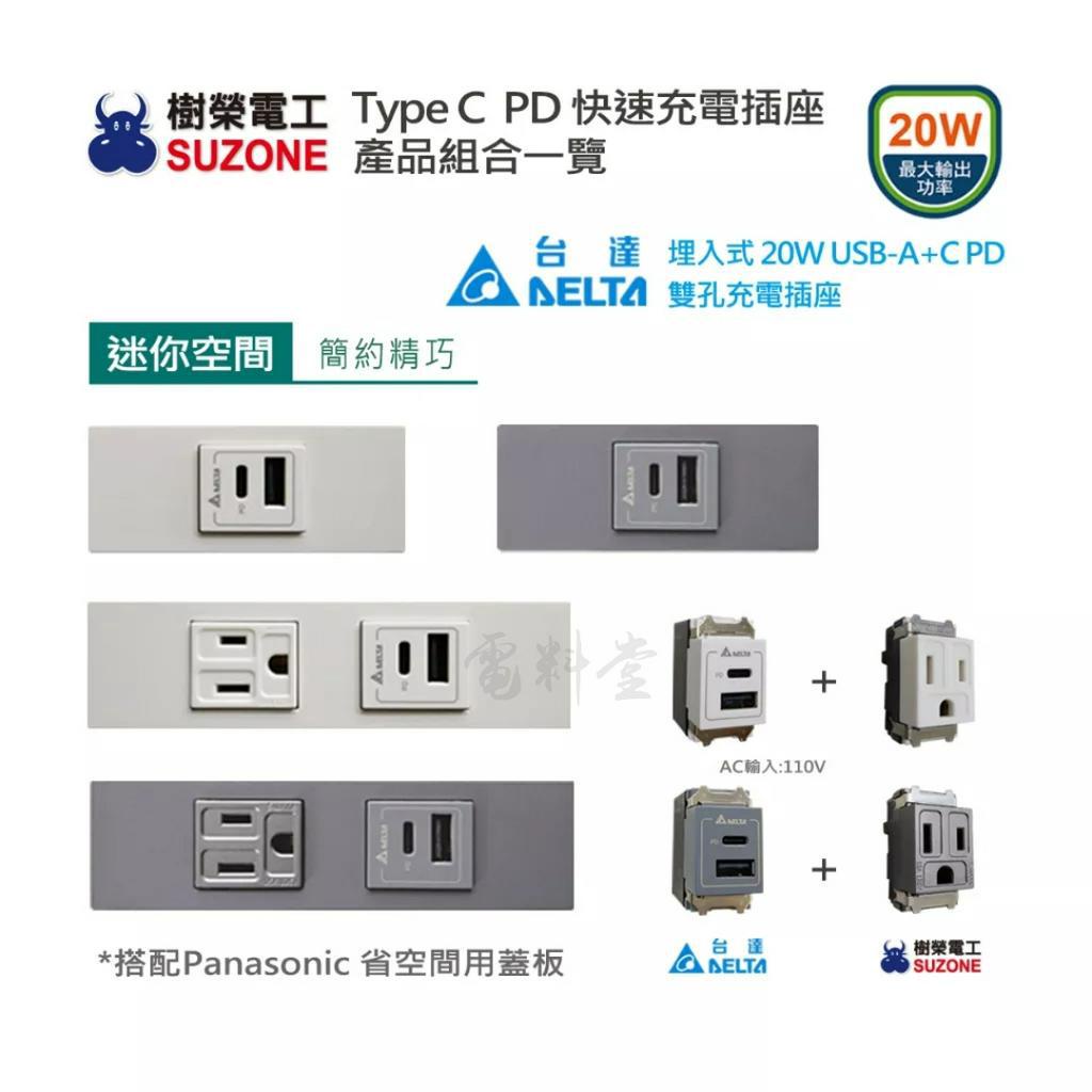 【台達電】木作 系統櫃 迷你插座 省空間極簡風 20W USB A+C PD 充電插座 Type C快充插座