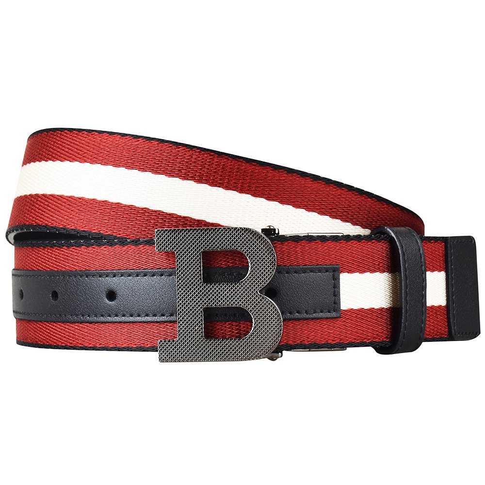 BALLY 大B黑字菱格LOGO紅白紅條紋帆布雙面釦式皮帶(寬版/紅x白)