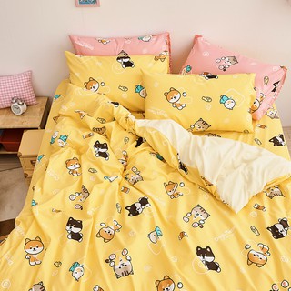 戀家小舖 台灣製床包 單人床包 薄被套 床單 逗柴貓黃 床包被套組 含枕套 磨毛多工法處理