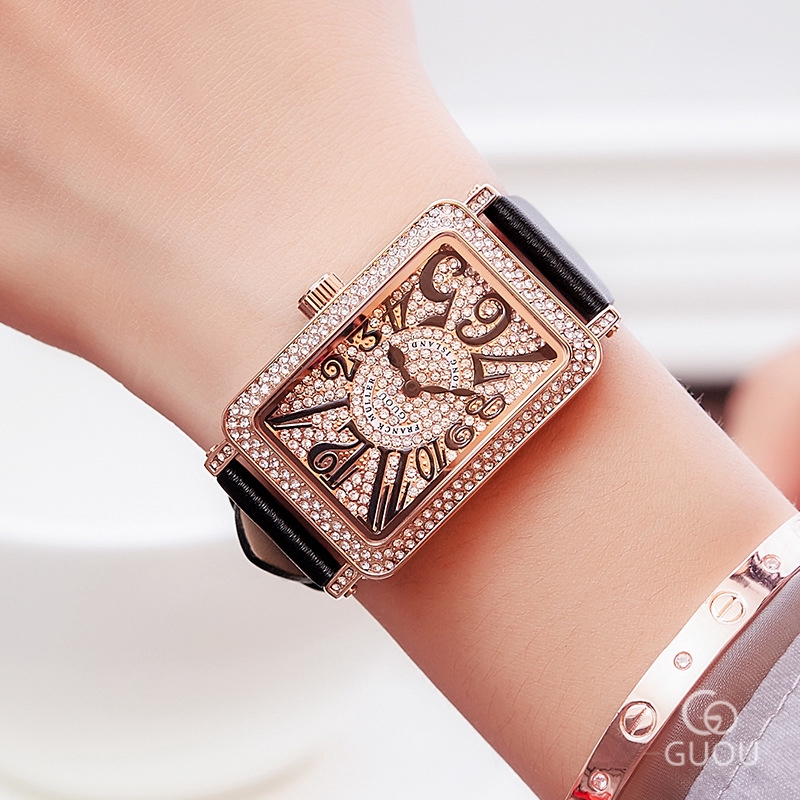 GUOU古歐　8201皮帶金框  新款滿鑽手表皮帶百搭款時尚精美石英手表防水女士手表　禮物　禮品