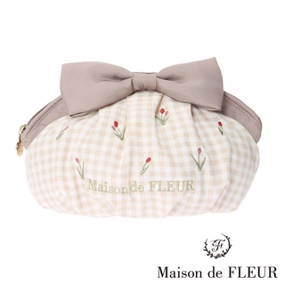 Maison de FLEUR 鬱金香刺繡方格緞帶貝殼手拿包(8A21FJJ3500)