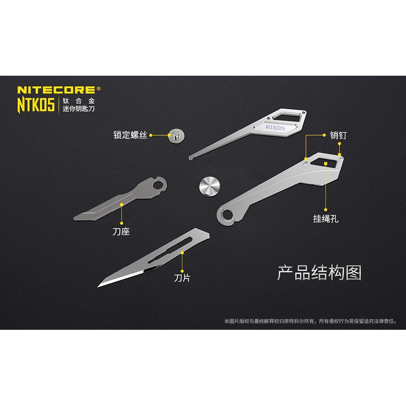 【純鈦堂  Titanium】 NITECORE NTK05 鈦合金迷你鑰匙刀 有安全鎖 11號手術刀片 EDC