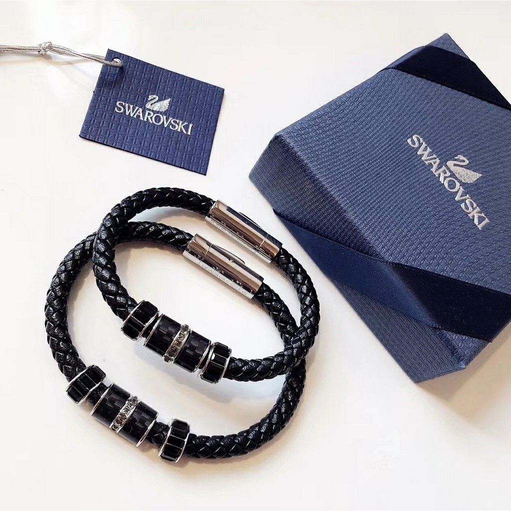 施華洛世奇黑色皮繩手鍊男水晶磁扣女士轉運珠手環情侶生日禮swarovski 施華洛世奇皮繩手鍊男女同款 蝦皮購物