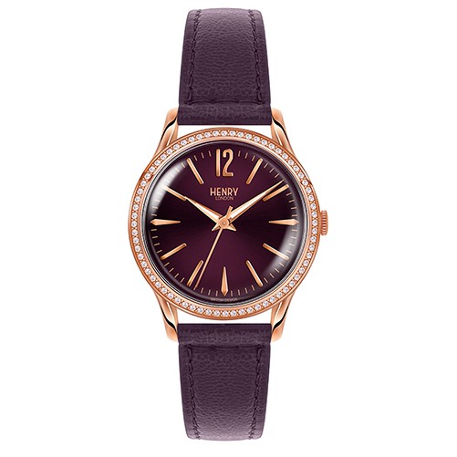 HENRY LONDON英國設計師品牌手錶-奢華水鑽 / 莓紫色面x小水鑽x莓紫色真皮革錶/HL34-SS-0198