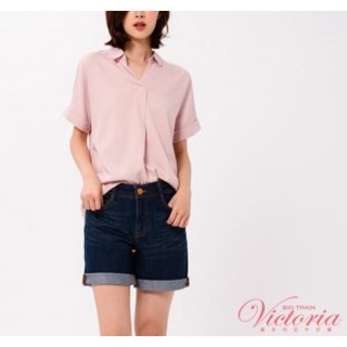 全新VICTORIA半開襟落肩寬鬆短袖襯衫 暗粉色