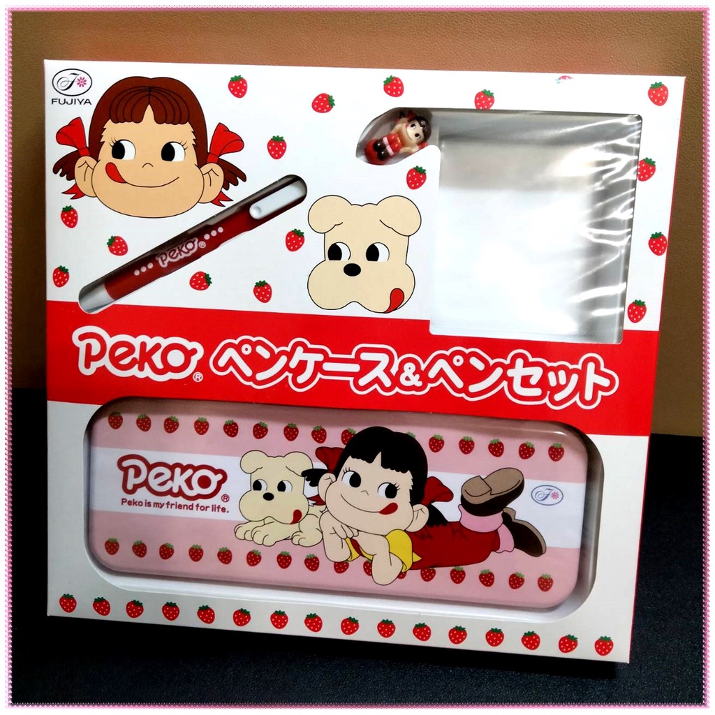 日本帶回早期正版絕版現貨-全新已拆封-不二家PEKO草莓牛奶妹鉛筆鐵盒+筆