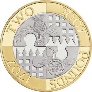 2007 英國  1707年聯合法令 ( 蘇格蘭合併聯合王國 ) 400周年 2英鎊 流通紀念幣 官方郵封幣