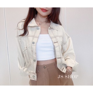 <JS SHOP>現貨藍！斜口袋牛仔短版外套 車線牛仔外套 秋冬衣服 短板外套 長袖外套 女生 外套 女裝