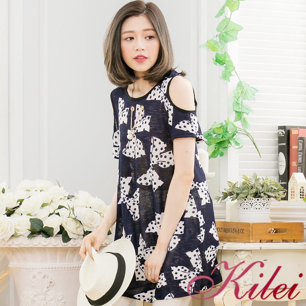 【Kilei】露肩蝴蝶結針織長版上衣XA3460-01(甜美藍)大尺碼