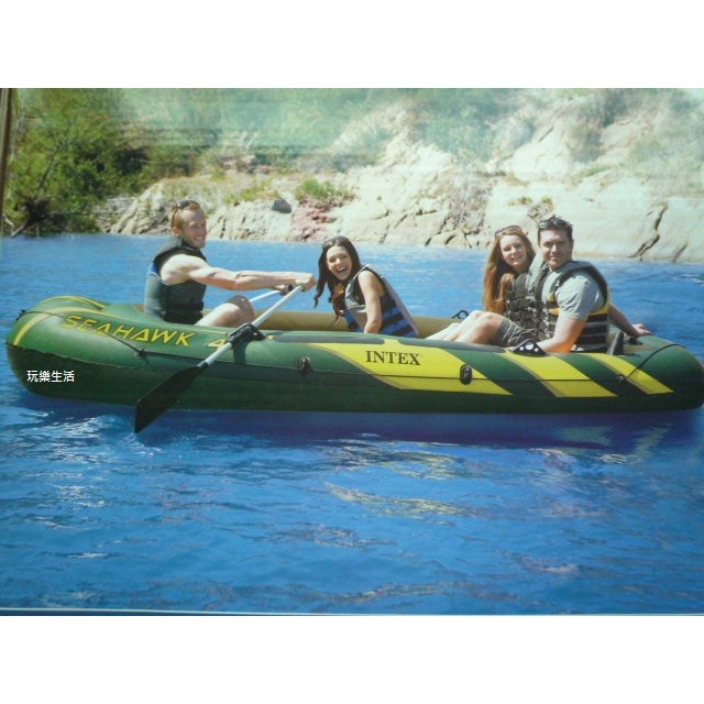 玩樂生活 INTEX 68351  加厚款海鷹4人充氣船 游泳 潛水 玩水 河邊 海邊 露營釣魚 橡皮艇 附打氣筒和船槳