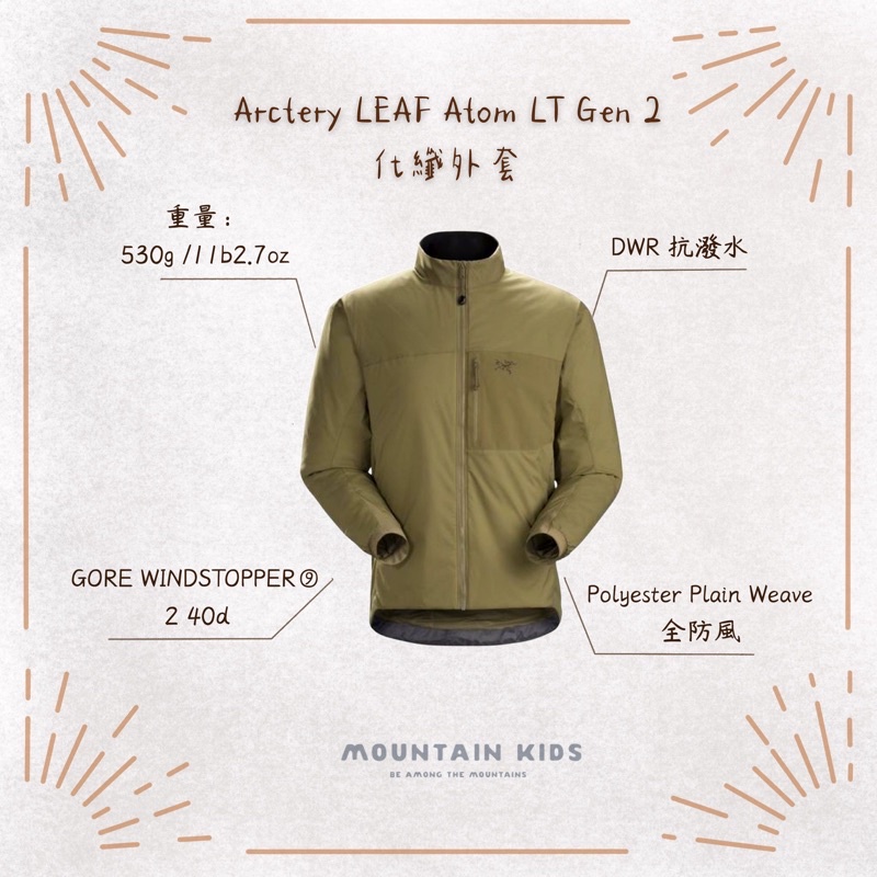 （山小孩）預定款，加拿大Arcteryx始祖鳥 LEAF Atom LT Gen 2化纖外套