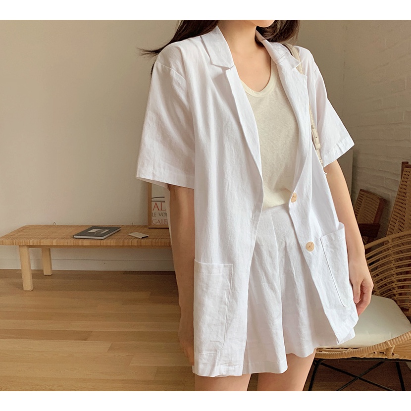 現貨🔥【正韓】白色亞麻短袖外套，輕爽好搭 -FROMBEGINNING韓國代購 韓國製
