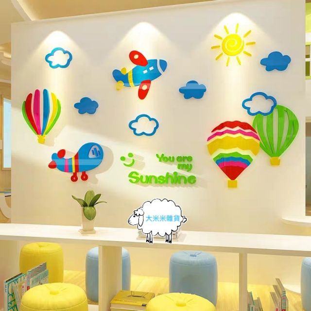 大米米雜貨2館~預購~熱氣球 飛機 直升機 雲朵 雲 英文 字母 3d 立體 水晶 壓克力 壁貼 牆貼 兒童房 嬰兒房