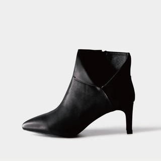 R&BB真皮牛皮短靴-側V時尚優雅細高跟踝靴-黑色