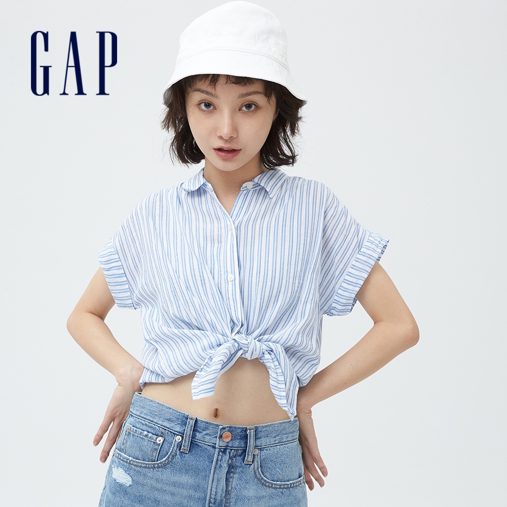 Gap 女裝 輕薄條紋短袖襯衫-藍色條紋(698337)