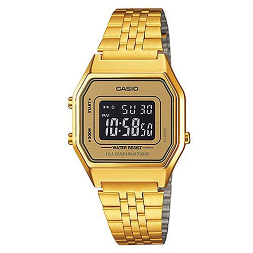 【CASIO】方格普普風不鏽鋼電子金錶-黃框(LA-680WGA-9B)正版宏崑公司貨