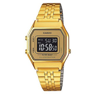 【CASIO】方格普普風不鏽鋼電子金錶-黃框(LA-680WGA-9B)正版宏崑公司貨