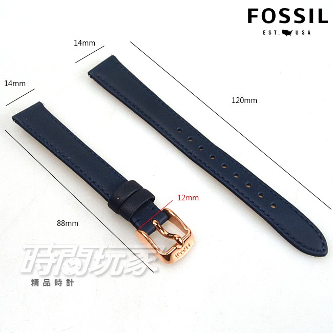 14mm 錶帶 B14-ES3843 FOSSIL 真皮錶帶 深藍色x玫瑰金【時間玩家】