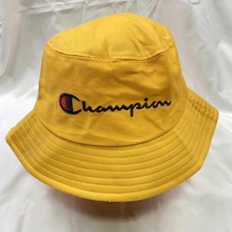 古著 美品老帽 Champion 刺繡Logo 斜紋布 黃色漁夫帽