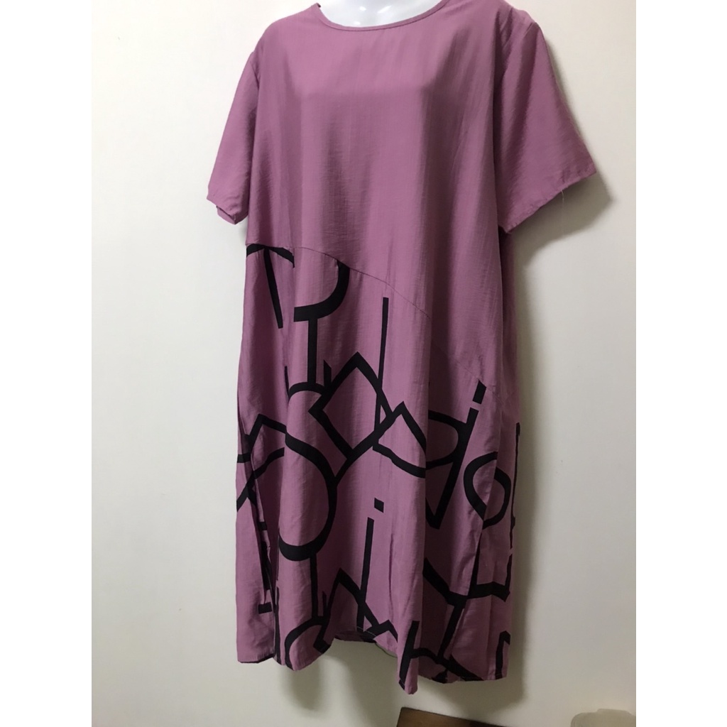 小蛙菇菇~GS洋裝029~短袖長版連身洋裝 可當洋裝 孕婦裝 幾何圖粉紫色 棉麻材質 無口袋 全新修身顯瘦48吋