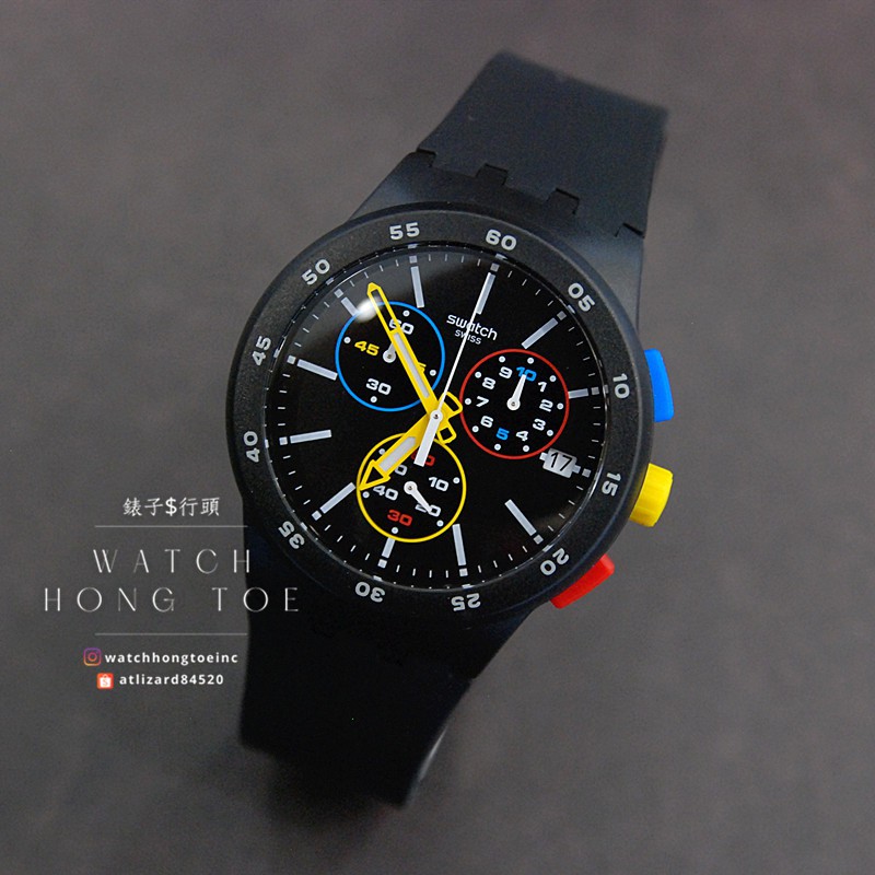 []錶子$行頭[] SWATCH 瑞士錶 青春活潑運動風格三眼計時腕錶-矽膠/黑黃紅藍 ( SUSB416 )