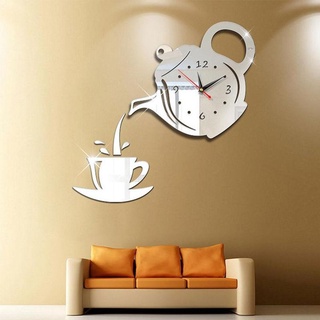 3d DIY 茶壺形狀掛鐘 / 亞克力鏡面鐘現代廚房家居裝飾家居裝飾數字時鐘手錶家用時鐘