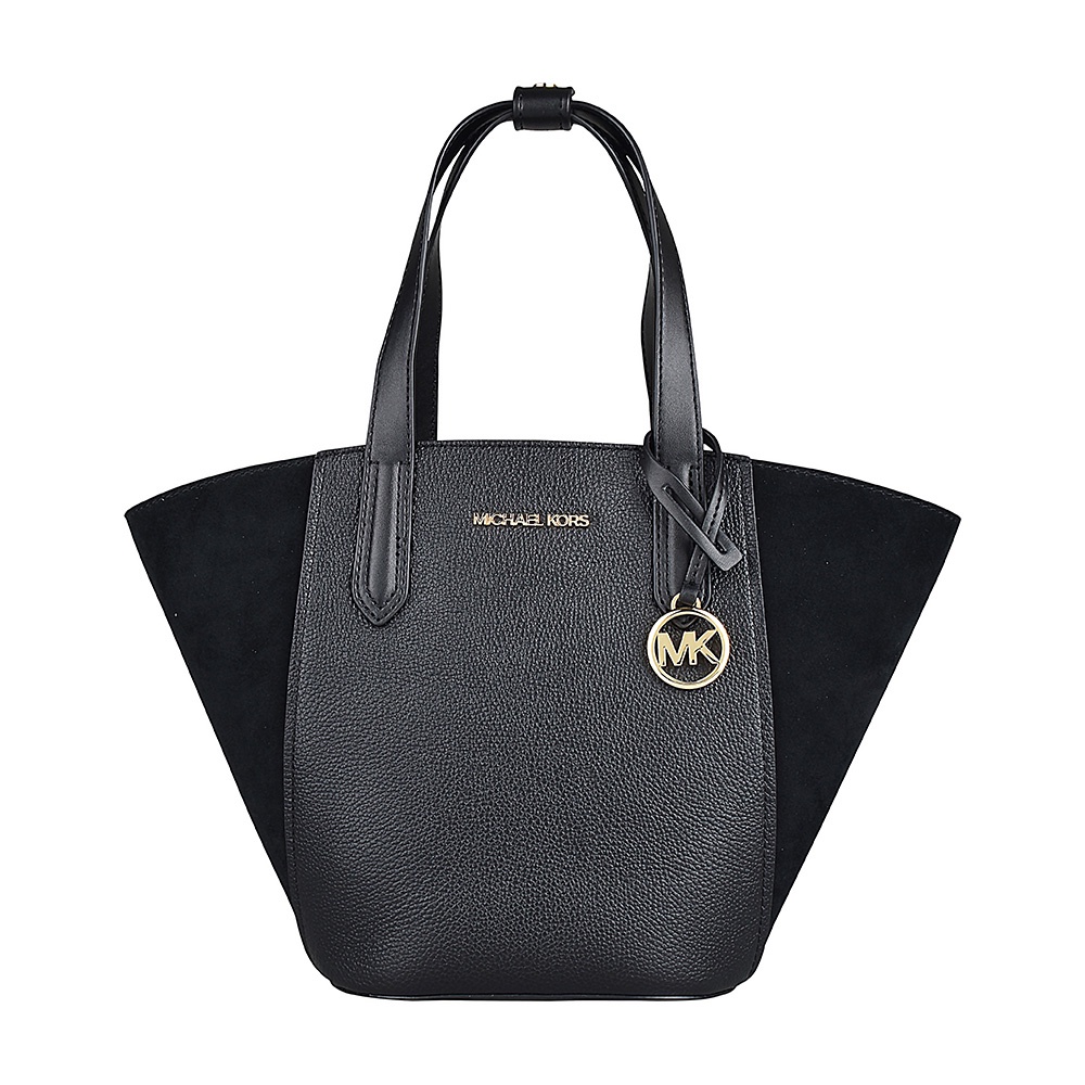 MK MICHAEL KORS PORTIA金字LOGO荔枝紋牛皮拼接絨面革手提肩背托特包(小/黑)