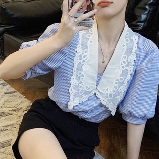 韓版夏季甜美氣質風蕾絲娃娃領泡泡袖格子襯衫女裝上衣