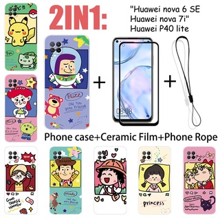 2 合 1 華為 nova 6 SE 華為 nova 7i 手機殼帶鋼化玻璃陶瓷膜螢幕保護膜可愛人物系列