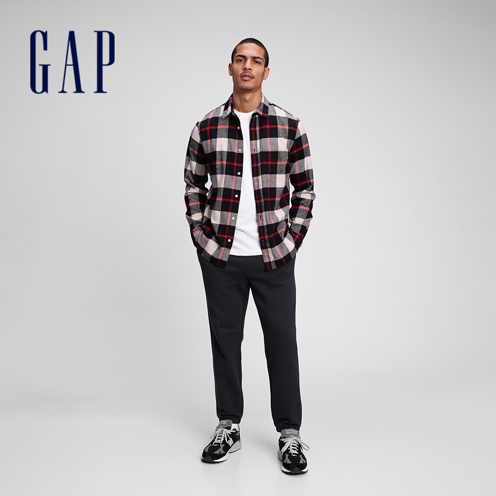 Gap 男女同款 英倫風法蘭絨格紋長袖襯衫-紅黑方格(736502)