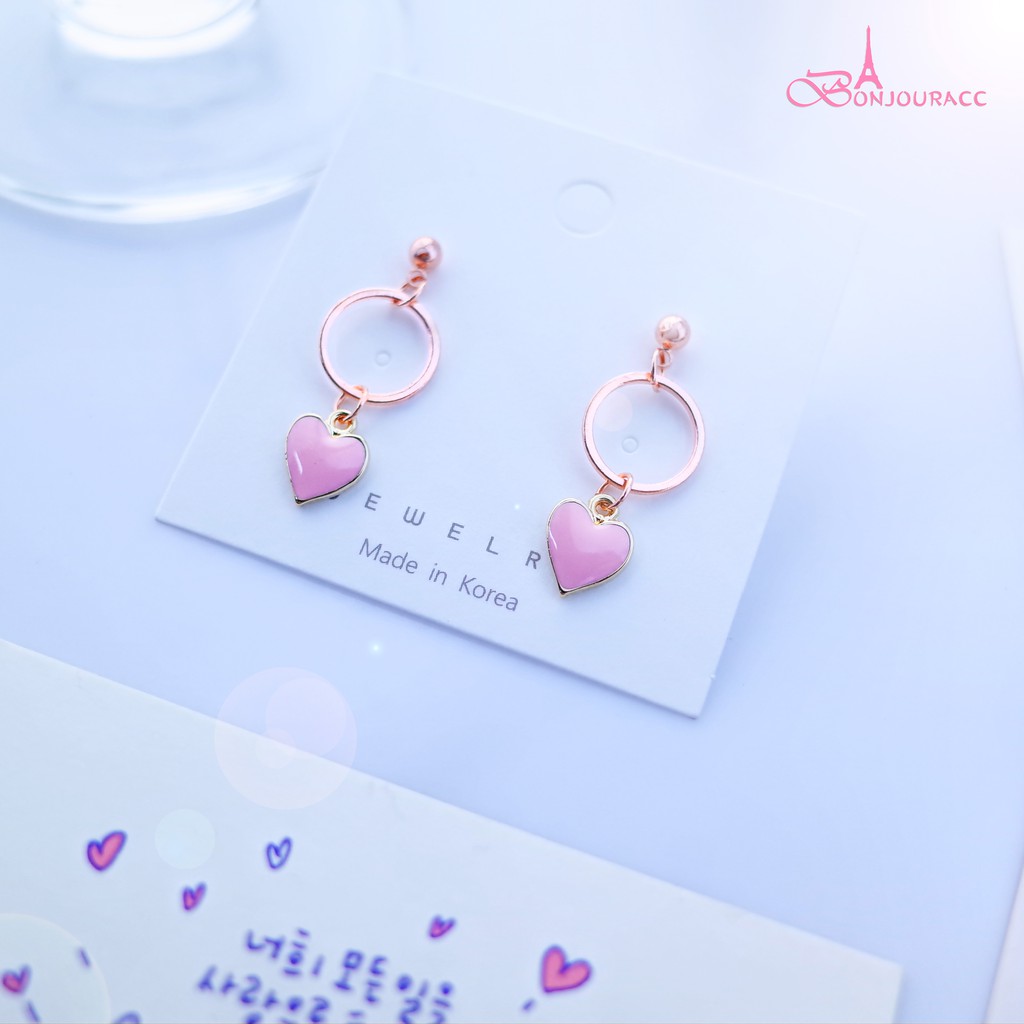韓國幾何粉色小愛心 925銀針 針式 夾式 韓國耳環 【Bonjouracc】