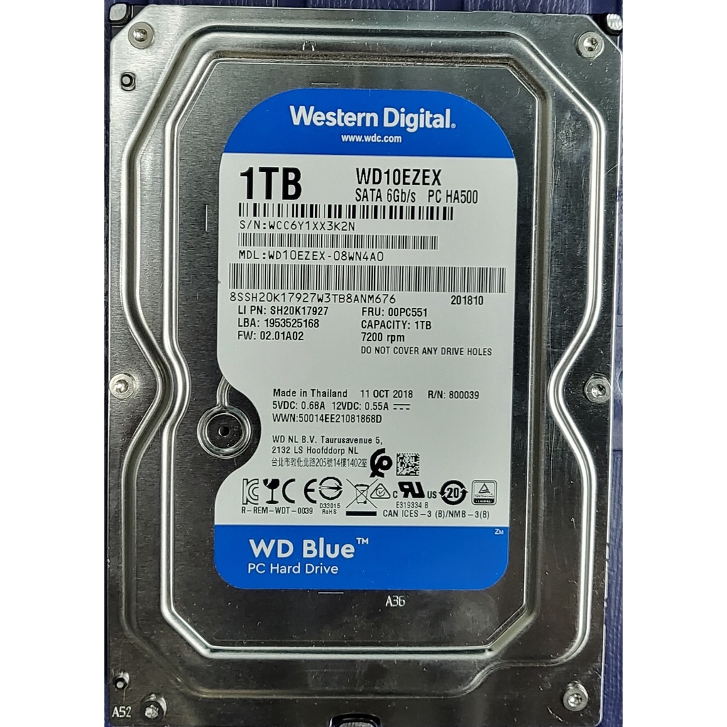 WD 3.5吋 1TB SATA3 藍標硬碟 7200RPM 高轉速 64MB緩衝記憶體 WD10EZEX 近全新
