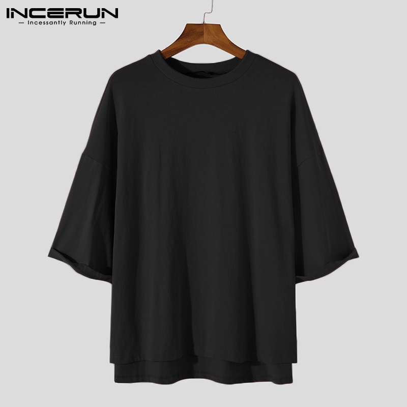 INCERUN Men's 簡約風格圓領 3/4 袖平紋寬鬆棉質上衣