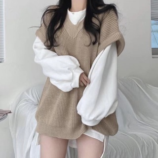 單件/套裝2022春秋韓版法式開叉長袖上衣+休閒針織毛衣馬甲女潮