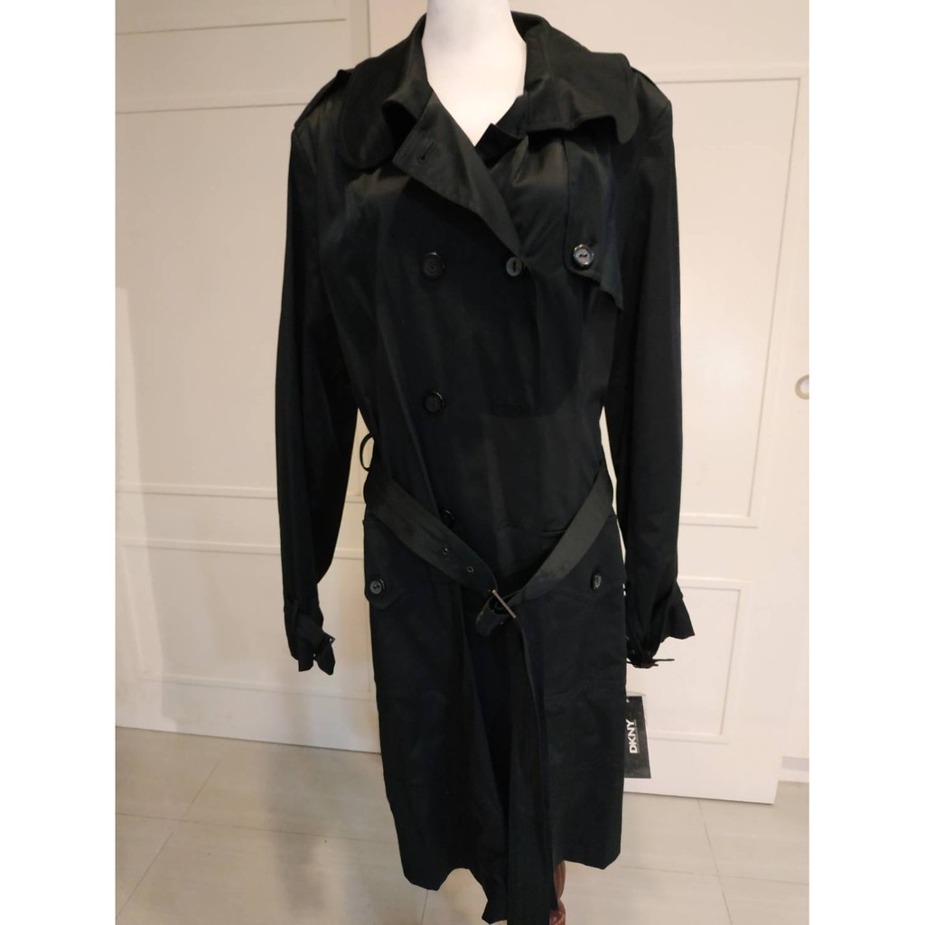 真品美國DKNY 黑色雙排扣綁帶風衣外套