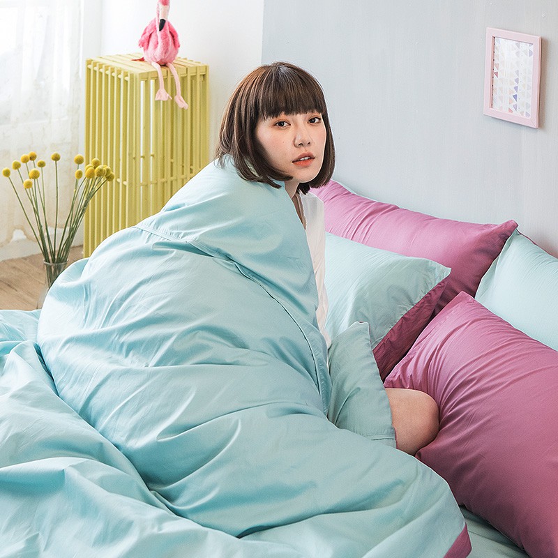 戀家小舖 台灣製床包 單人床包 床單 水水綠 100%精梳棉 床包枕套組 撞色系列 經典 素色