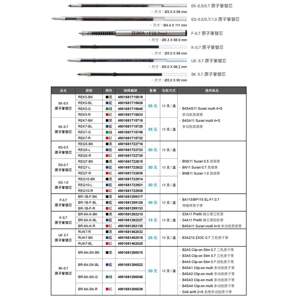 利百代 斑馬 日本 原子筆 EK-0.5 EK-0.7 替芯 筆芯