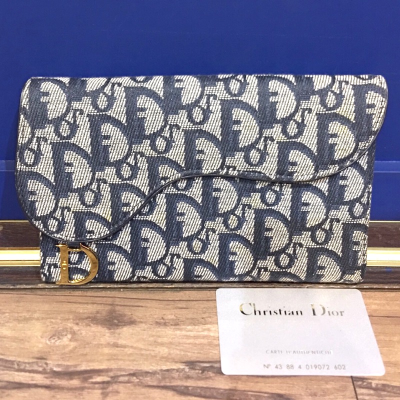 Dior 緹花織布中夾 馬鞍造型手拿長夾 經典Dior原花圖騰皮夾 保證真品 不真可退