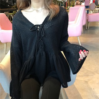 💖有貨臺灣出💖Small Puzi 韓國寬鬆百搭喇叭袖鏤空針織衫女上衣繫帶V領長袖毛衣